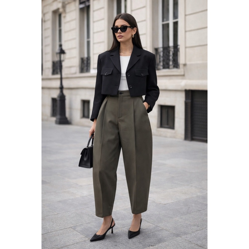 Womens Pleated Balloon Barrel Trousers Sz‎ S Brown Elastic Waist Pants Chic